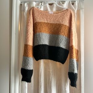 Pink Lily Peach, Mustard, Gray & Black Striped Fuzzy Crewneck Sweater